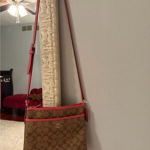 Coach Signature Kitt Messenger Crossbody Bag with Pink Trim